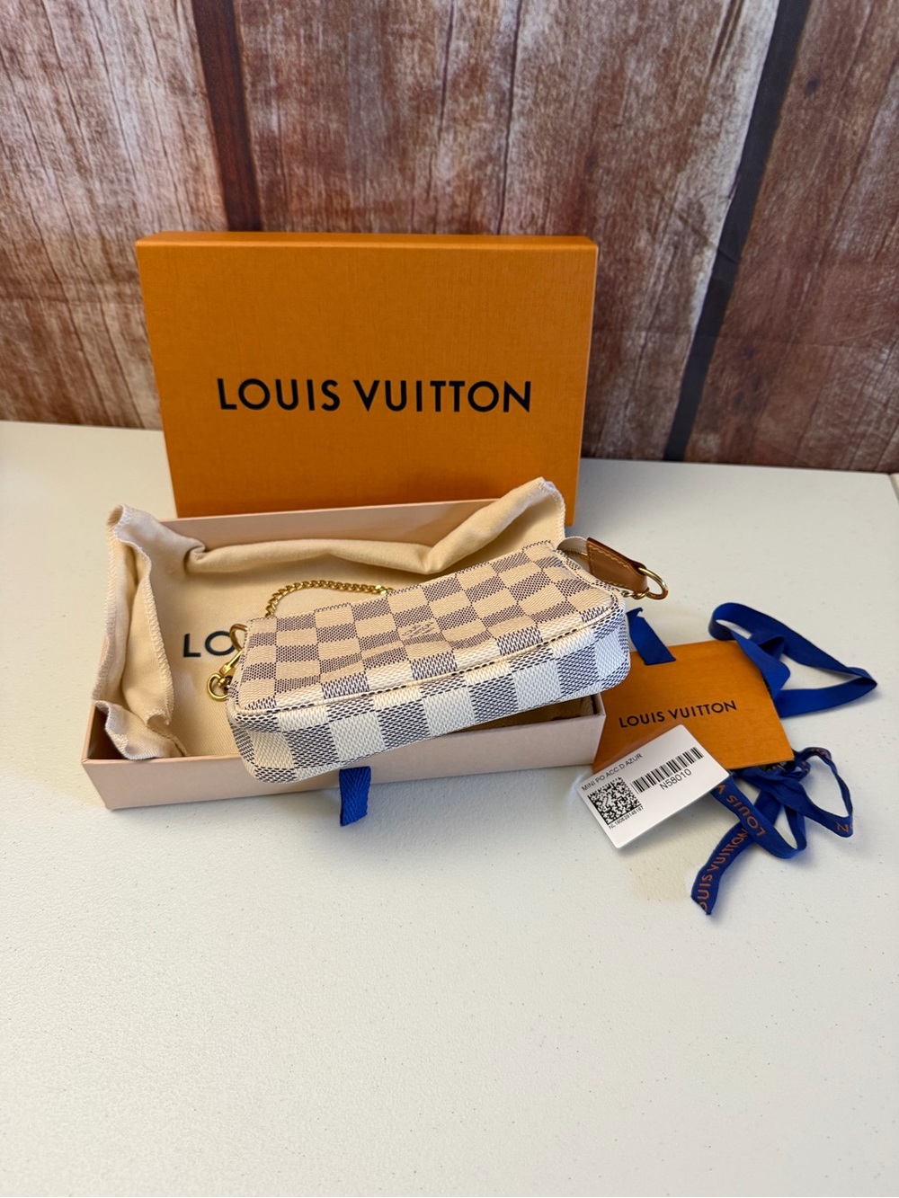 Louis Vuitton Damier Azur Mini Pochette - White/Beige with Gold Chain - Picture 3 of 12